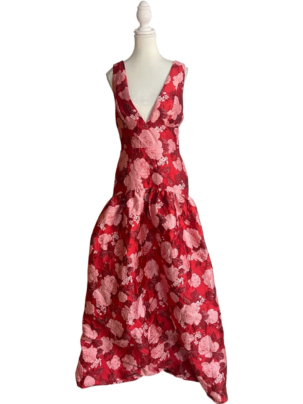Lulus Valna Floral V-Neck Drop Waist Maxi Dress Red